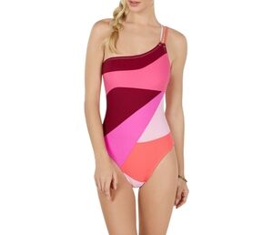 La Blanca One-Shoulder Colorblock Swimsuit,Sz 10